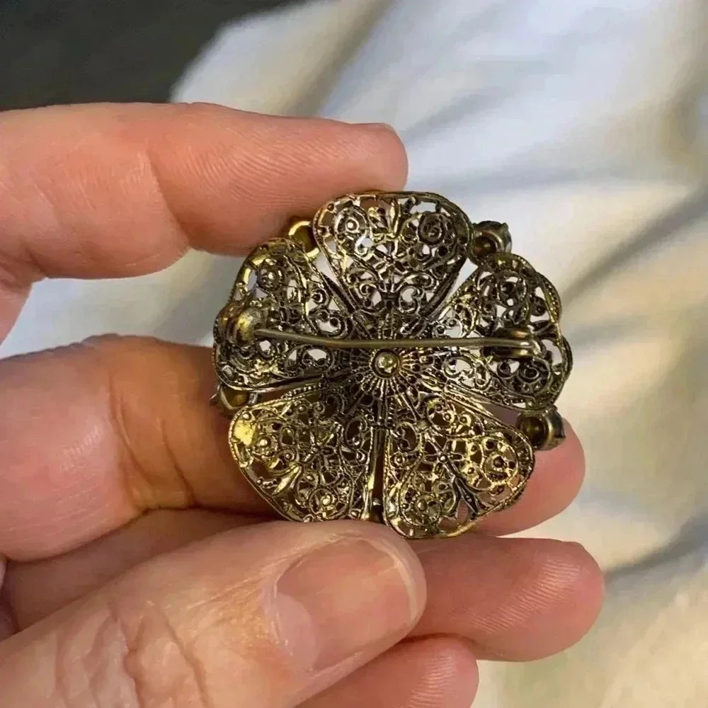 Vintage Grunge Czech glass brass filigree brooch w/ blue & green faceted stones